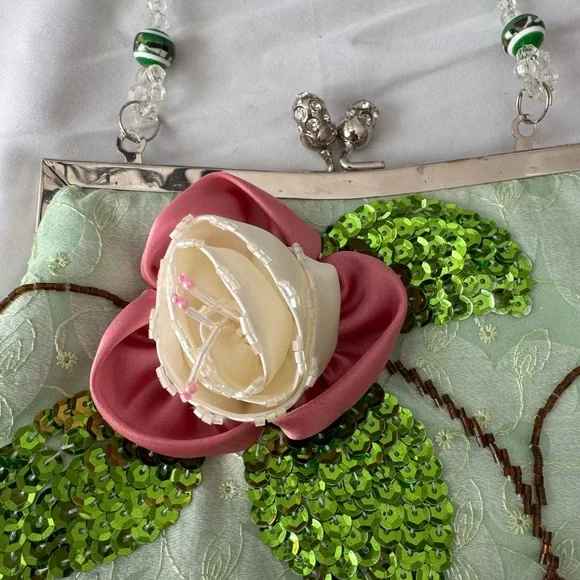 Vintage Beaded Floral Satin Purse – Mint Green Sequin Clutch Embellished - Picture 3 of 10